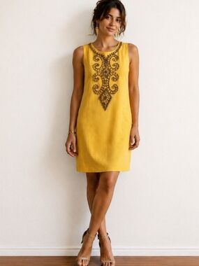 Ellen Tracy | Yellow Embellished Shift Dress | Beaded Neckline Sleeveless Sheath